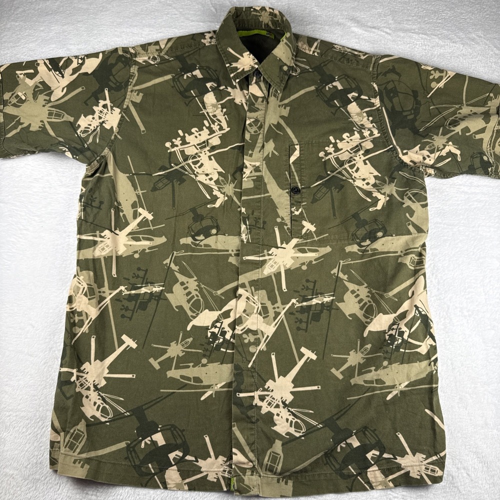 RARE! Mountain Dew Shirt Mens Medium Green Button Up Hawaiian Helicopters